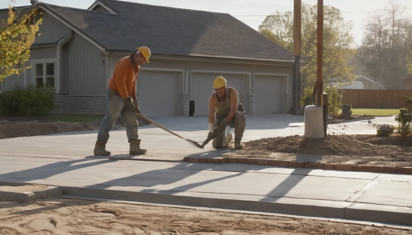 Fresh broom-finished concrete driveway being smoothed beside a bungalow home in Lake Orion