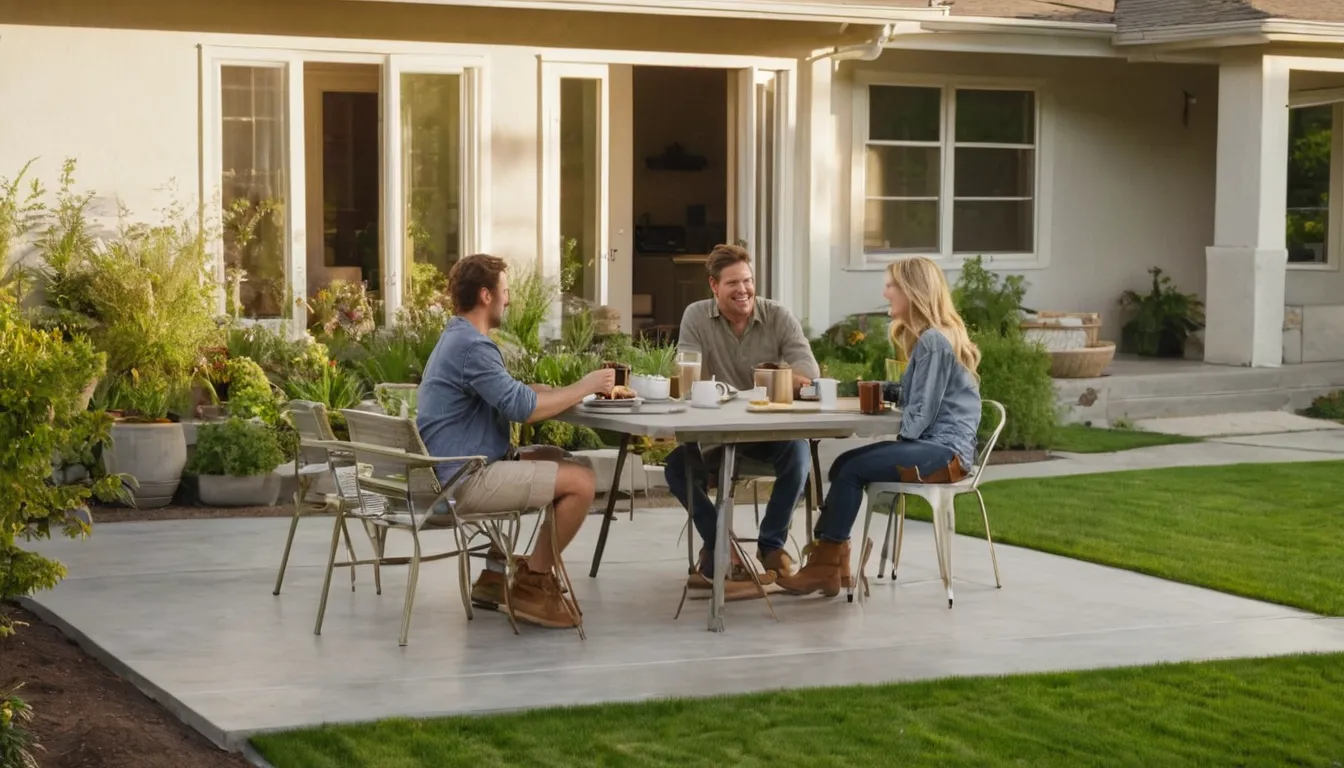 Homeowners relaxing on a new concrete patio behind a house in Lake Orion